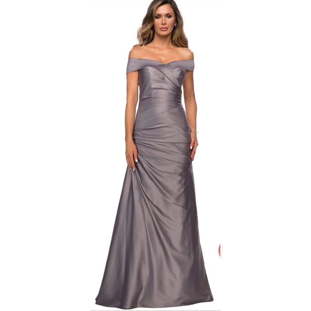La Femme 28103 Off Shoulder Pleated Satin Evening Gown In Platinum NWT Size 10